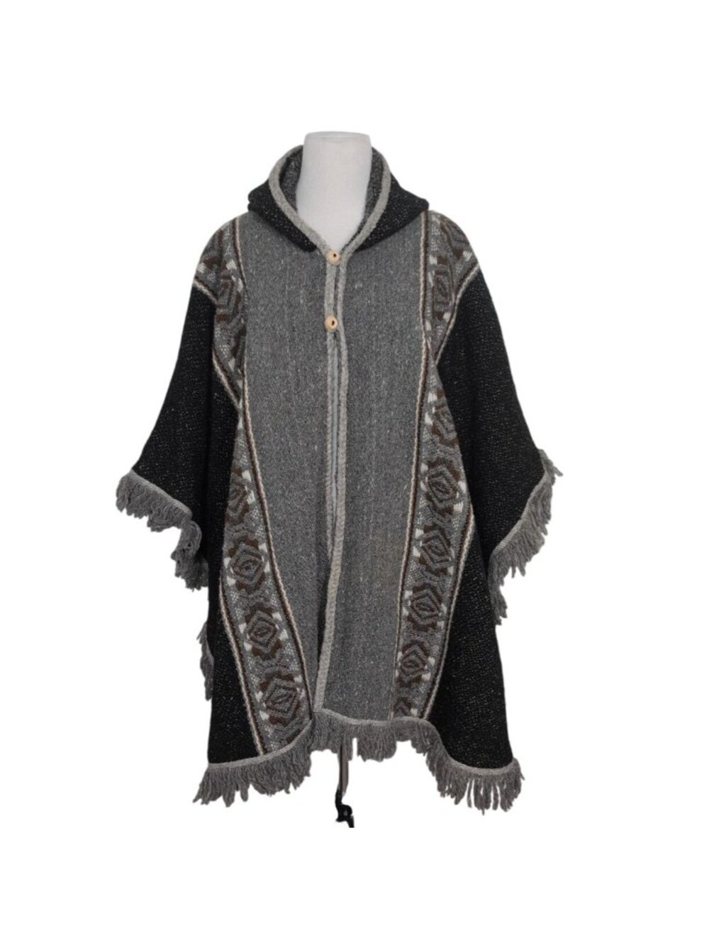 Milmarte 100% Wool Fringe Hooded Poncho Black Gray Stripe Ecuador Aztec Cape